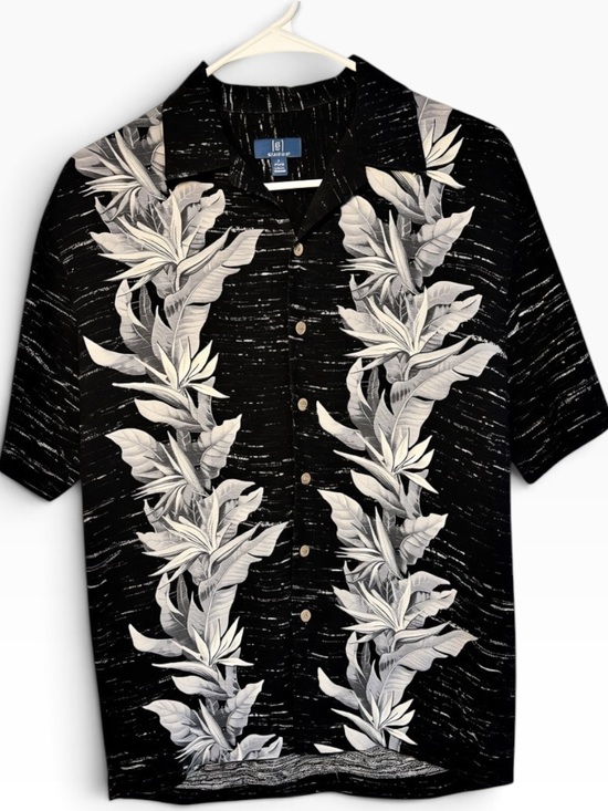 George Other - George Black Short-Sleeve Button-Down with White Tropical Leaf Stripes